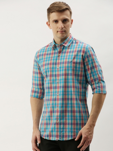 

PETER ENGLAND UNIVERSITY Men Turquoise Blue & Orange Checked Super Slim Fit Casual Shirt