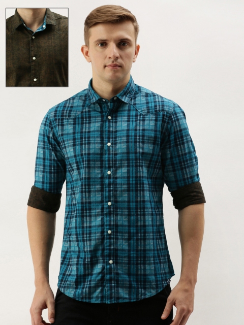 

PETER ENGLAND UNIVERSITY Men Blue Slim Fit Checked Reversible Casual Shirt