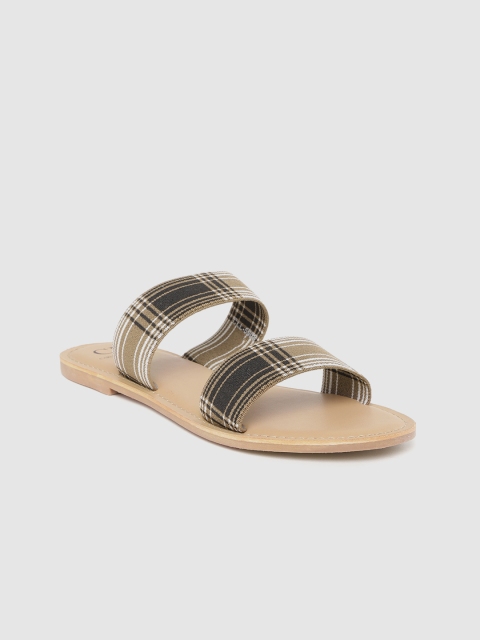 

Carlton London Women Olive Brown & Black Self Checked Open Toe Flats