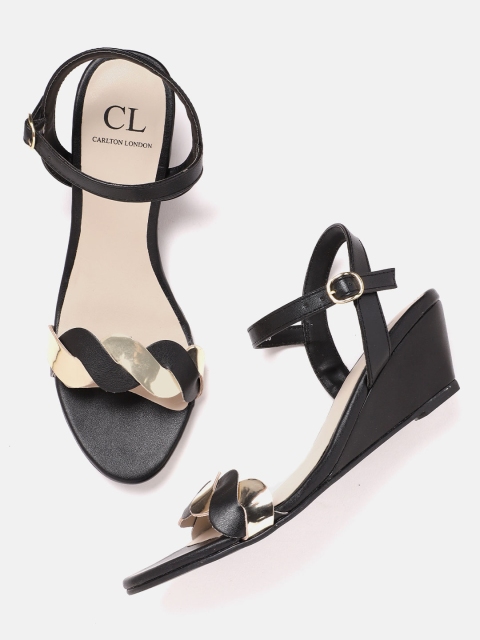 

Carlton London Women Black & Gold-Toned Colourblocked Wedges