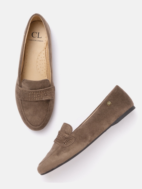 

Carlton London Women Taupe Suede Finish Solid Penny Loafers with Embellished Detail
