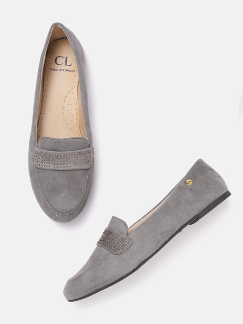

Carlton London Women Grey Suede Finish Solid Penny Loafers with Embellished Detail
