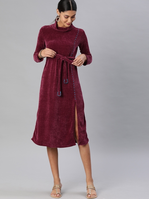 

Global Desi Women Purple Solid A-Line Dress with Tie-Up Detail