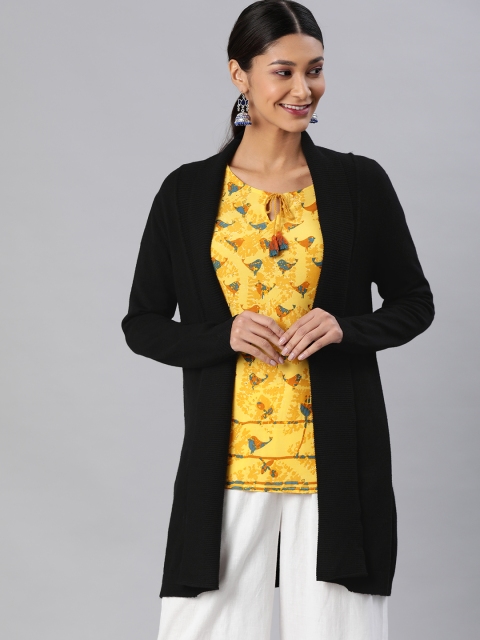 

Global Desi Women Black Solid Open Front Longline Shrug