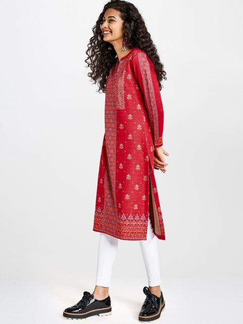 

Global Desi Women Pink & Blue Woven Design Straight Sweater Kurta