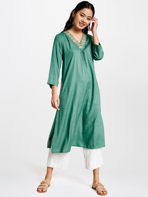 

Global Desi Women Green Solid A-Line Kurta with Embroidery