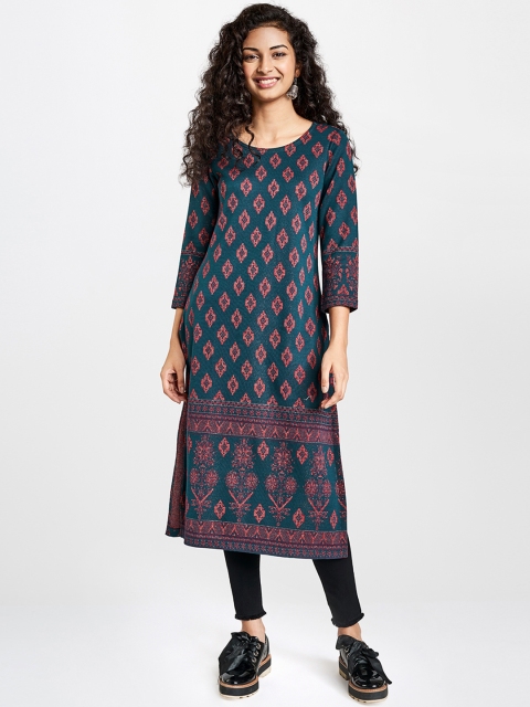 

Global Desi Women Teal Blue & Red Woven Design Straight Sweater Kurta