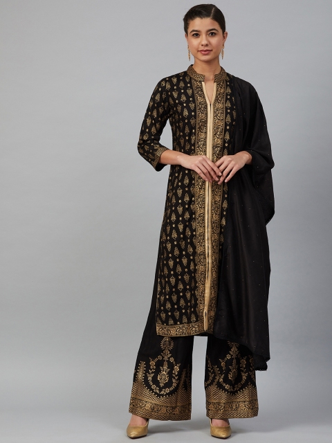 

Jompers Women Black & Golden Block Print Kurta with Palazzos & Dupatta