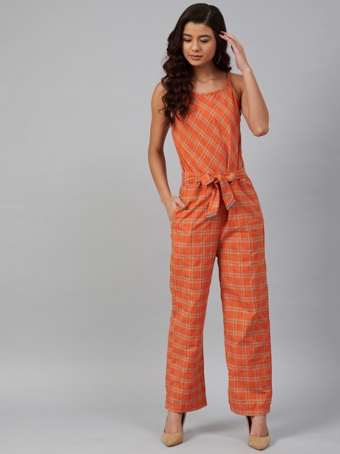 

Jompers Women Orange & Beige Checked Basic Jumpsuit