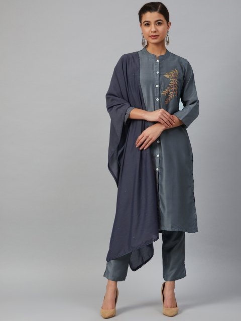 

Jompers Women Grey Solid Kurta with Trousers & Dupatta