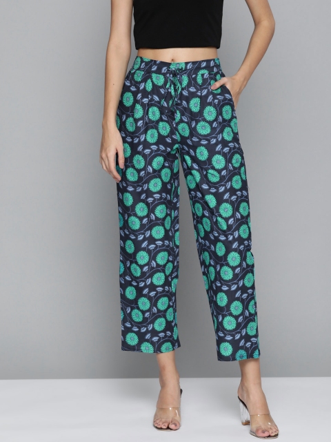 

HERE&NOW Women Navy Blue Floral Print Straight Cropped Palazzos