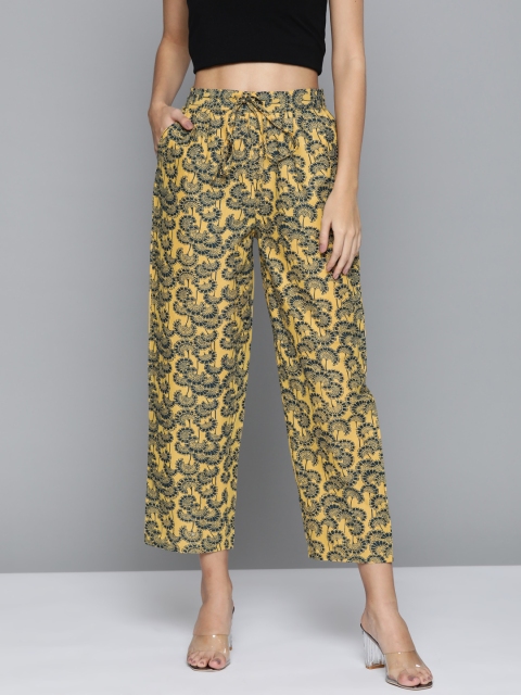 

HERE&NOW Women Yellow & Navy Blue Ethnic Print Straight Cropped Palazzos