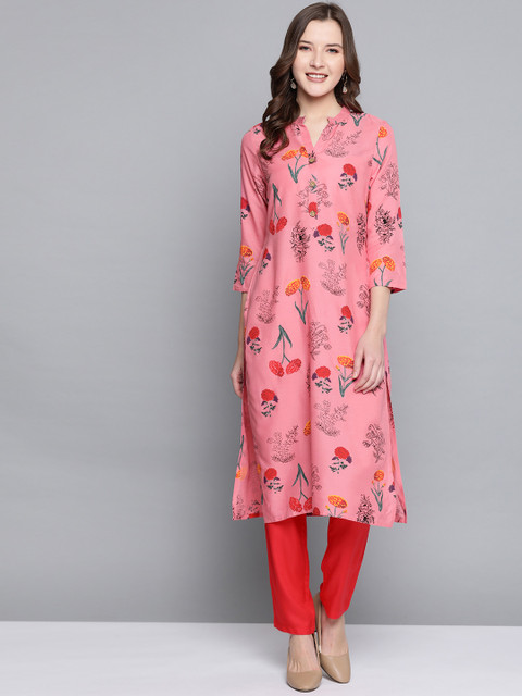 

HERE&NOW Women Pink & Red Floral Printed Kurta with Trousers