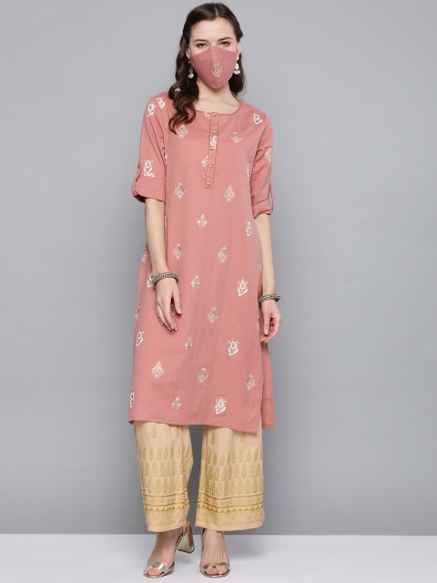 

HERENOW Women Peach-Coloured Golden Printed Straight Kurta