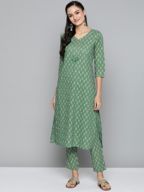

HERE&NOW Women Green & Golden Printed Kurta with Trousers