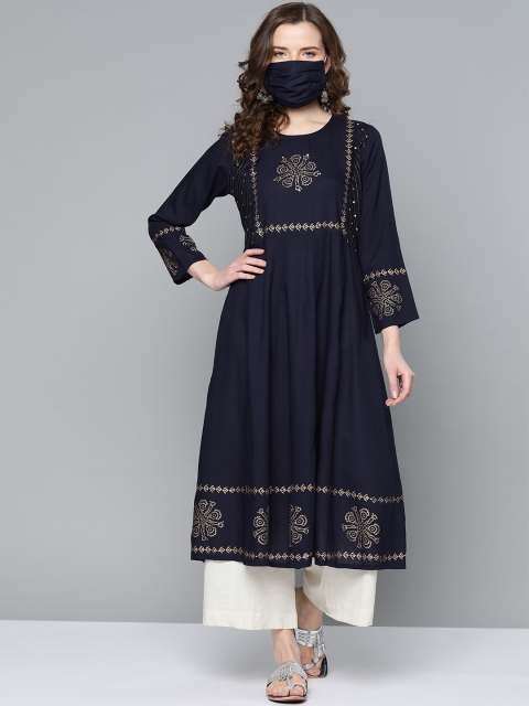 

HERE&NOW Women Navy Blue Yoke Design A-Line Kurta & Mask