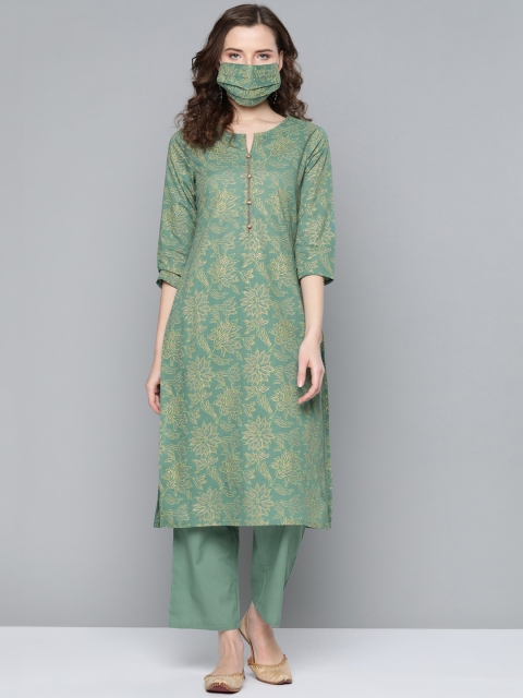 

HERENOW Women Green Golden Floral Print Pure Cotton Kurta with Palazzos