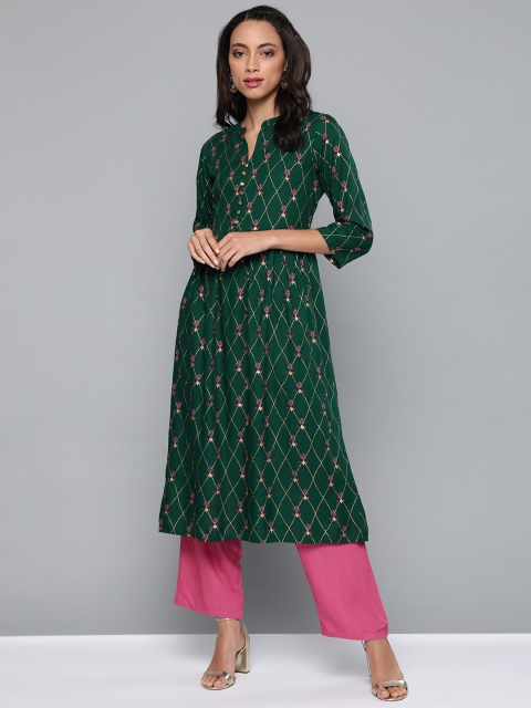 

HERE&NOW Women Green & Pink Ethnic Motif Print Kurta with Palazzos