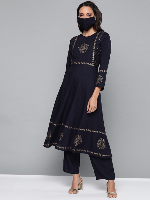 

HERENOW Women Navy Golden Ethnic Motif Print Yoke Design Kurta with Palazzos, Navy blue