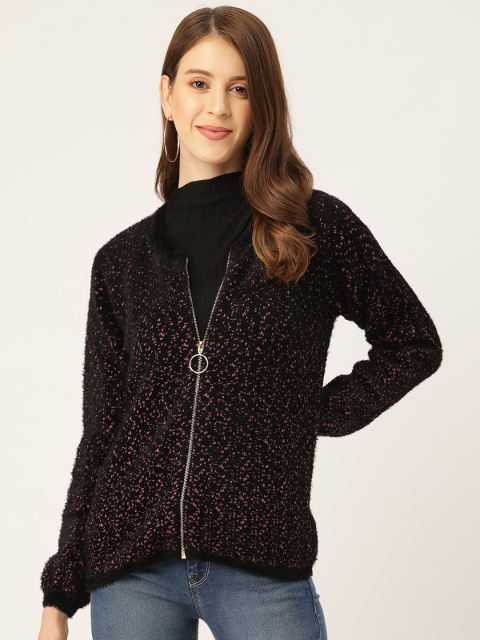 

Madame Women Black & Pink Self Design Fuzzy Cardigan
