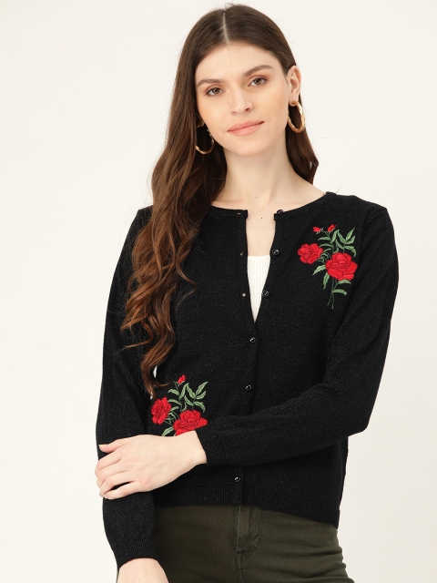 

Madame Women Black & Red Floral Embroidered Cardigan