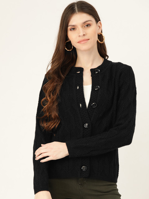 

Madame Women Black Self Design Cardigan