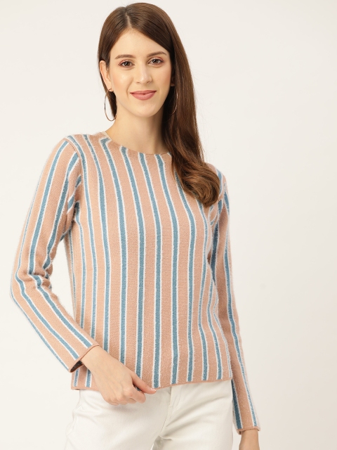 

Madame Women Peach-Coloured & Blue Striped Fuzzy Pullover