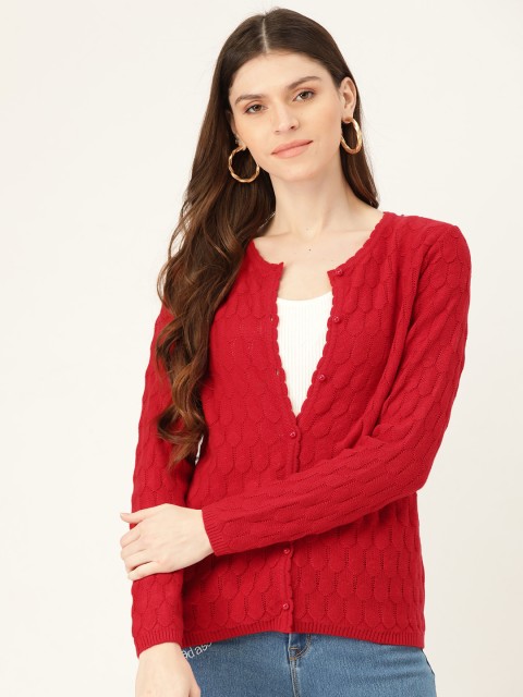 

Madame Women Red Self Design Cardigan
