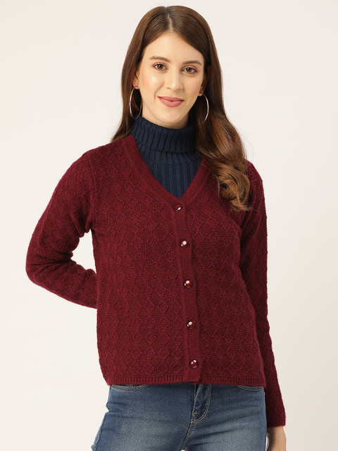 

Madame Women Maroon Self Design Cardigan Sweater
