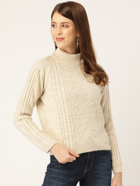 

Madame Women Beige Embellished & Cable Knit Detail Pullover