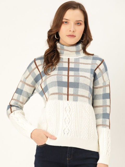 

Madame Women White & Blue Checked Pullover with Cable Knit Detail