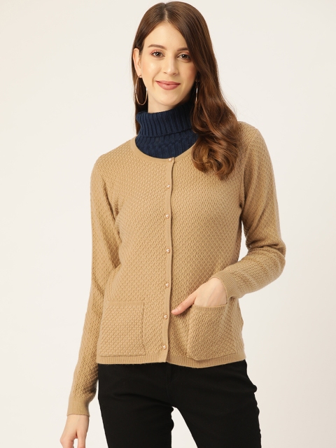 

Madame Women Beige Self Design Cardigan