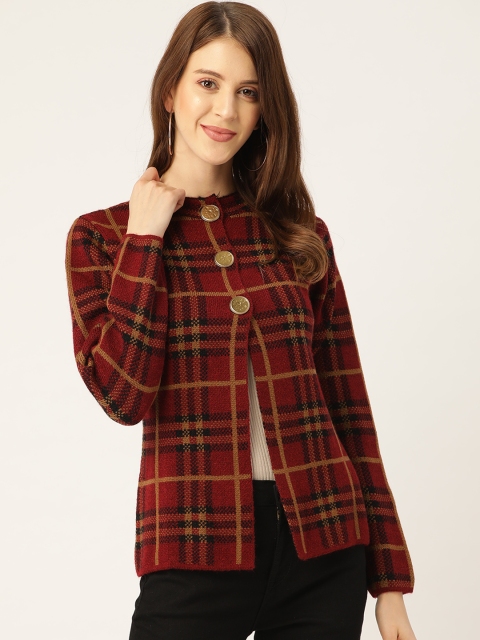 

Madame Women Maroon & Beige Checked Cardigan