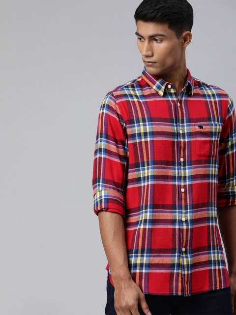 

THE BEAR HOUSE Men Red & Blue Slim Fit Checked Flannel Casual Shirt