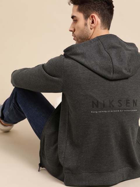 

ether Men Charcoal Grey Hooded Sweatshirt with Printed Back