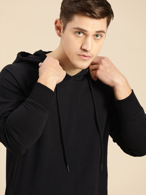 

ether Men Black Solid Hooded Sweatshirt