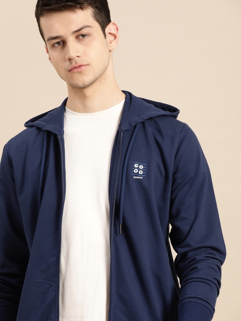 

ether Men Navy Blue Solid Hooded Pure Cotton Hooded Sweatshirt