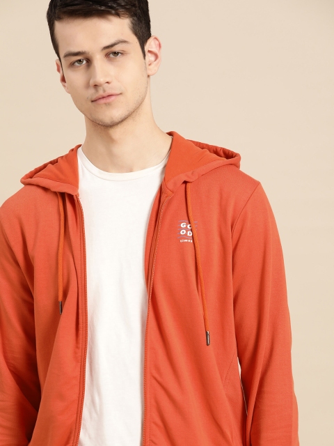 

ether Men Orange Solid Hooded Pure Cotton Hooded Sweatshirt