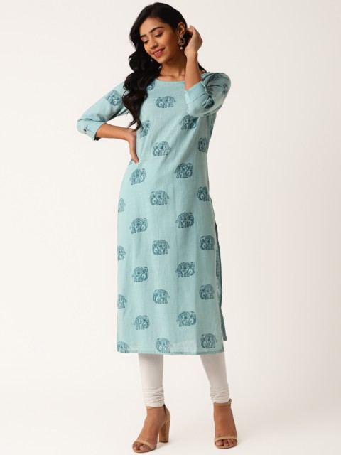 

Blissta Women Blue Block Printed Straight Kurta
