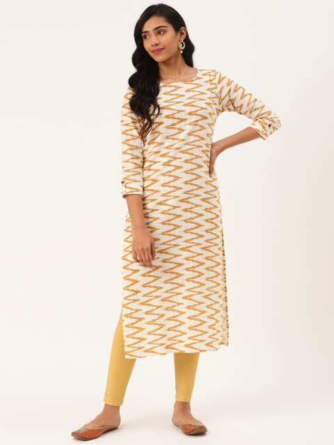 

Blissta Women Cream-Coloured & Mustard Yellow Block Printed Straight Kurta