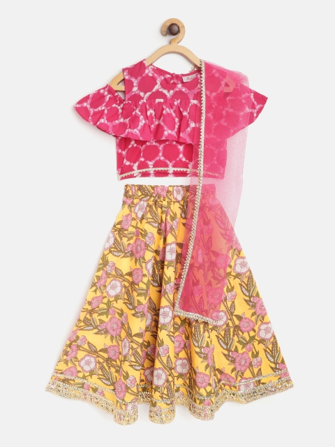 

pspeaches Girls Yellow & Pink Dyed Ready to Wear Lehenga & Blouse with Dupatta