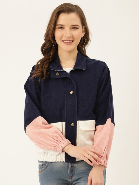 

The Dry State Women Navy Blue & Off-White Colourblocked Corduroy Bomber Jacket