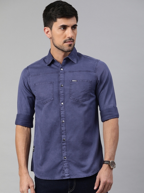 

THE BEAR HOUSE Men Navy Blue Slim Fit Faded Casual Denim Shirt