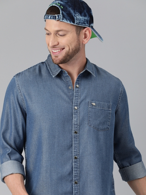

THE BEAR HOUSE Men Blue Slim Fit Solid Denim Pure Cotton Casual Shirt