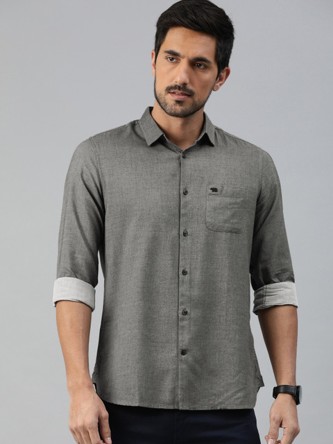 

THE BEAR HOUSE Men Grey Slim Fit Solid Lyocell Casual Shirt