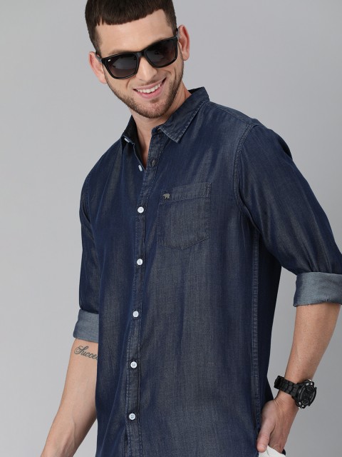 

THE BEAR HOUSE Men Navy Blue Slim Fit Solid Pure Cotton Denim Casual Shirt