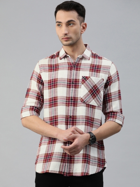 

THE BEAR HOUSE Men White & Maroon Slim Fit Checked Casual Shirt