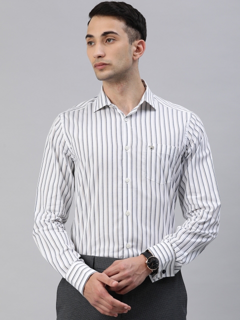 

THE BEAR HOUSE Men White & Grey Slim Fit Striped French Cuff Formal Shirt