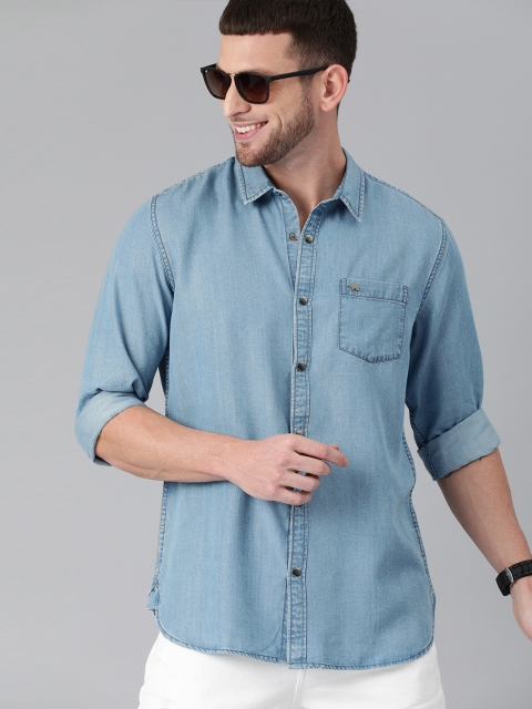 

THE BEAR HOUSE Men Blue Slim Fit Solid Denim Casual Cotton Shirt