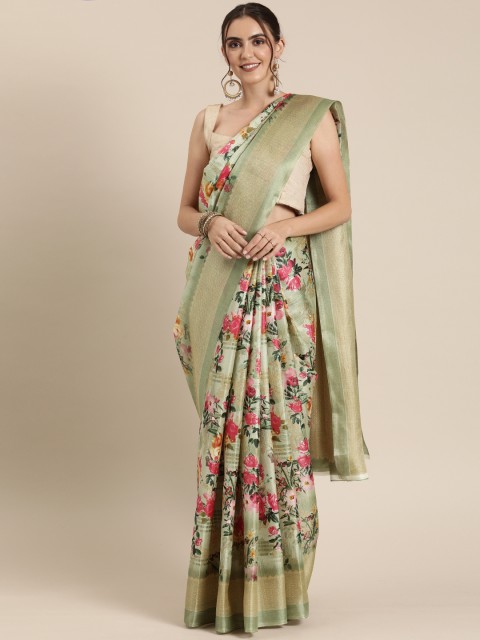 

GoSriKi Olive Green & Pink Art Silk Floral Printed Saree